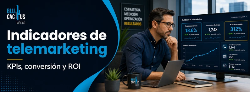 Indicadores de telemarketing: KPIs, conversión y ROI Analista revisando indicadores de telemarketing, tasa de conversión y ROI para BluCactus México.