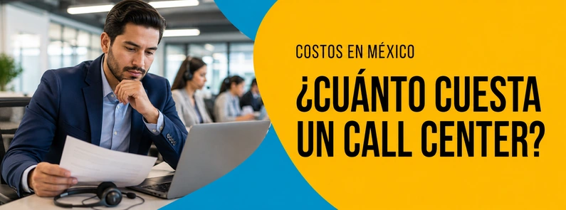 Gerente mexicano revisando una propuesta de Call Center con agentes trabajando al fondo para BluCactus Mexico.