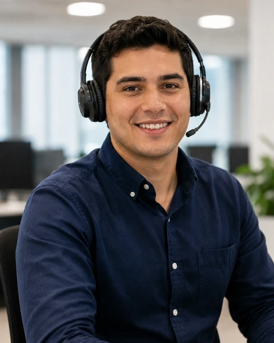 Persona con headset en un entorno profesional de atención telefónica