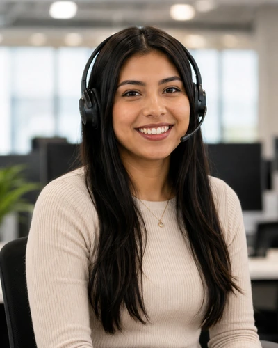Persona con headset en un entorno profesional de atención telefónica