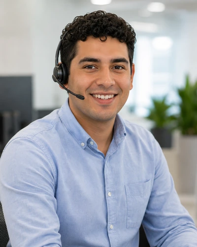 Persona con headset en un entorno profesional de atención telefónica