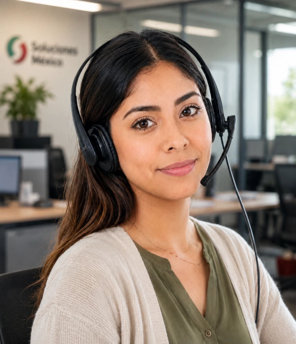 Persona con headset en un entorno profesional de atención telefónica