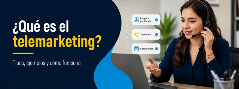 Agente mexicana de telemarketing con audífonos conversando con un prospecto mientras gestiona seguimiento y citas desde su computadora.