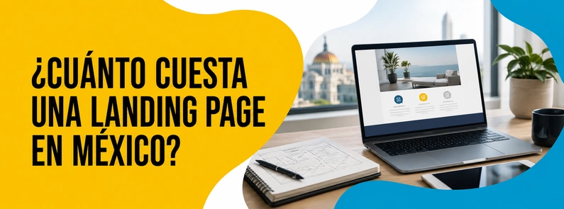 Costo de una Landing Page en México | BluCactus Mexico Laptop con diseño de landing page y bocetos de planificación para explicar cuánto cuesta una landing page en México con BluCactus Mexico.