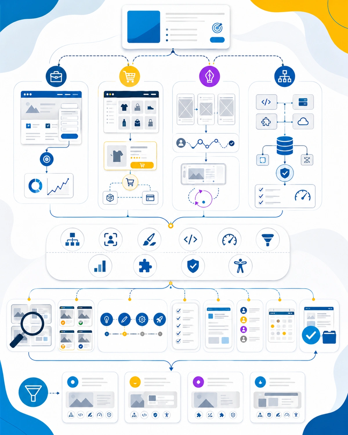 Mapa visual para elegir entre agencias de diseño web según tipo de proyecto, capacidades, evidencia y proceso
