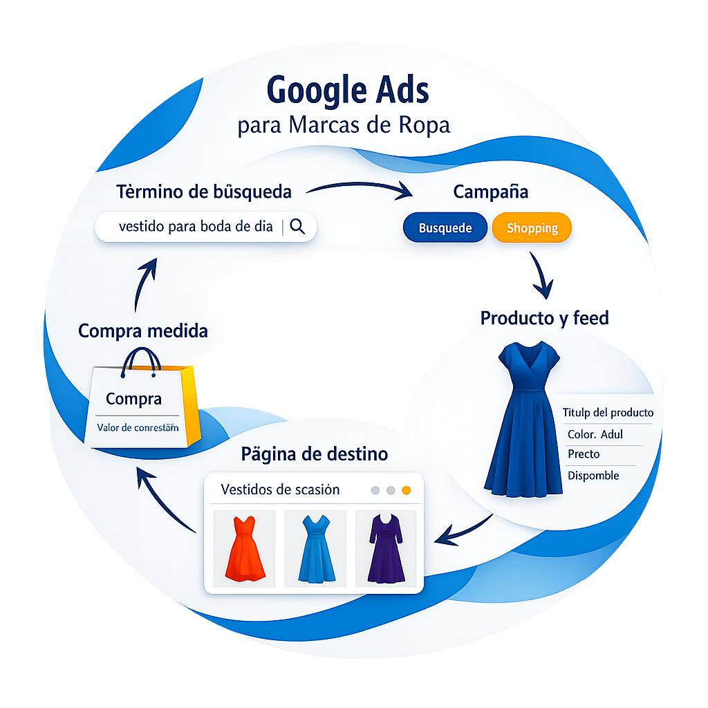Del término de búsqueda a la compra medida en Google Ads Recorrido desde una búsqueda de ropa hasta una compra medida en Google Ads